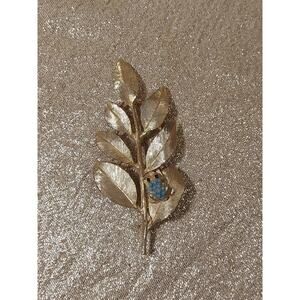 Vintage Large Brooch LEDO 1962 Golden Leaf Frog Faux Turquoise Pin READ